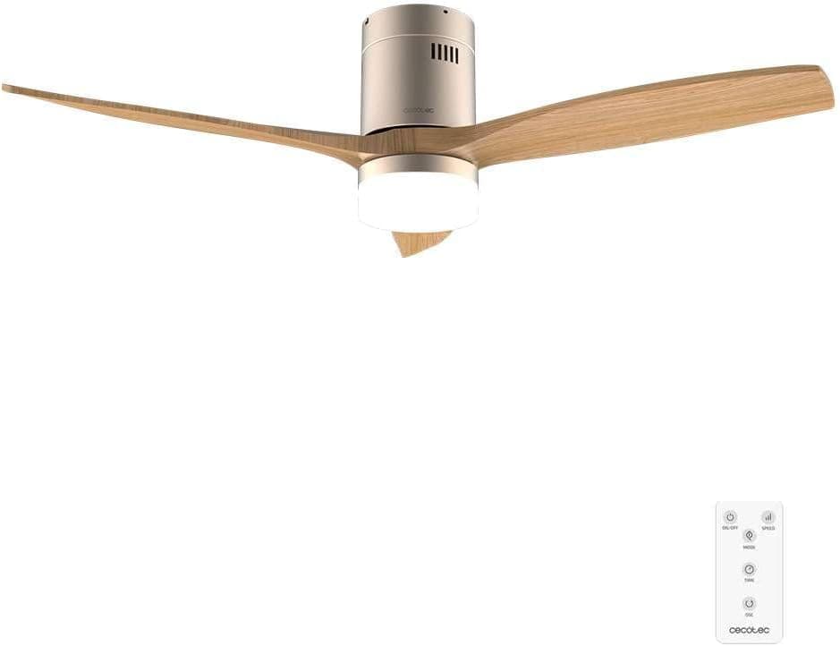 Cecotec Ventilador de Techo con Luz y Mando a Distancia de 52" EnergySilence Aero 5600 Classic Gold&amp;LightWood. Motor DC 40W, 3 Aspas, Luz LED, Temporizador, 6 Velocidades, Modo Winter/Summer