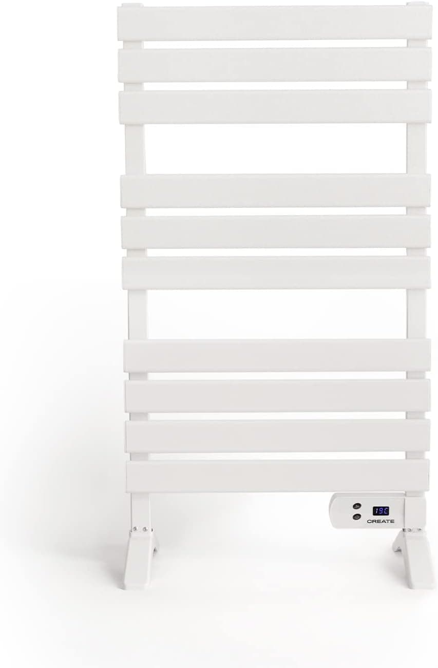 CREATE / Warm Towel 500W / Toallero eléctrico Blanco con Patas / 103x5x55 cm/para Suelo o Pared. Temporizador. Pantalla LCD. bajo Consumo