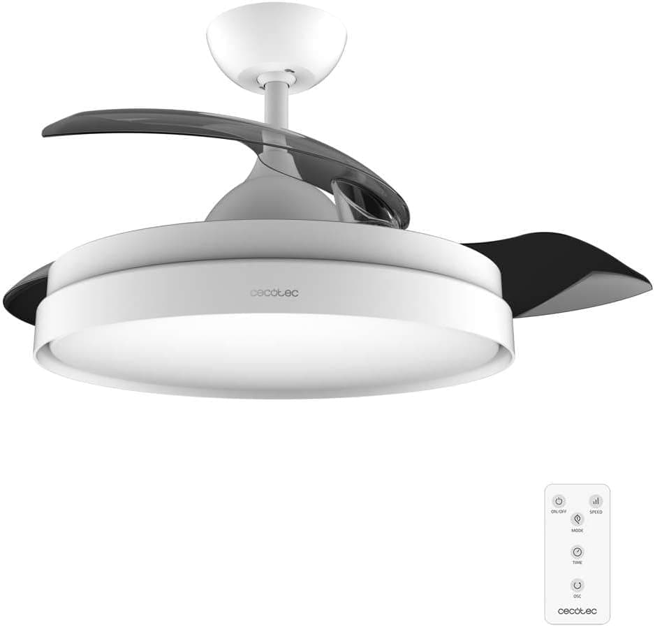 Cecotec Ventilador de Techo con Aspas Retráctites y Lámpara EnergySilence Aero 4280 Invisible White. 40 W, Diámetro 42" (106cm), Temporizador, 3 Tonos de Luz, Función Verano-Invierno