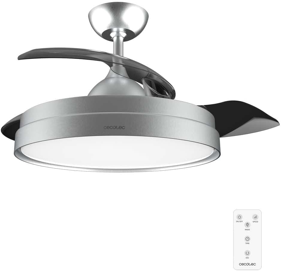 Cecotec Ventilador de Techo con Aspas Retráctites y Lámpara EnergySilence Aero 4280 Invisible Steel. 40 W, Diámetro 42" (106cm), Temporizador, 3 Tonos de Luz, Función Verano-Invierno