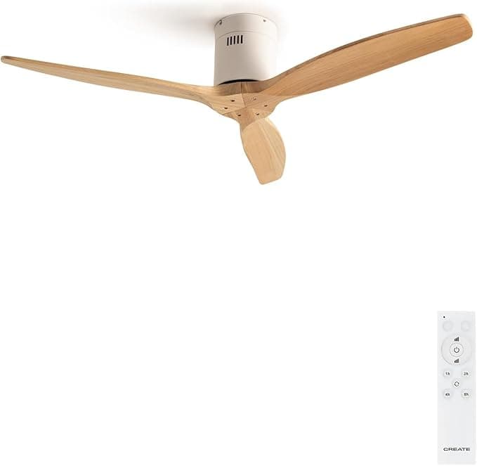 Ventilador de techo CREATE/WINDCALM/Ventilador de techo ABS blanco aspas efecto madera clara y mando / 40W, Silencioso, Ø132 cm, 6 velocidades, temporizador, función verano-invierno