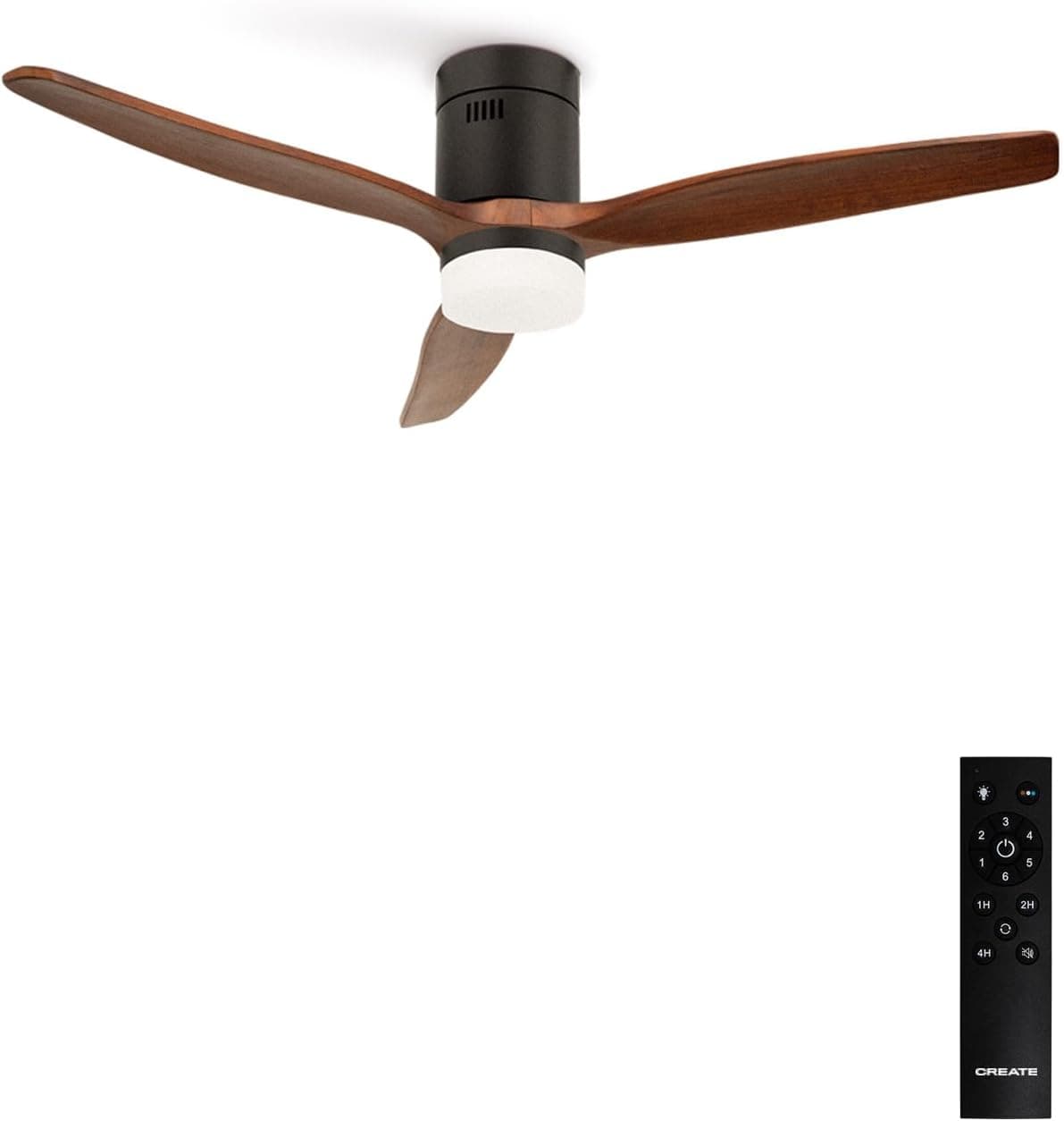 CREATE / WINDCALM/Ventilador de techo ABS con luz negro aspas efecto madera oscura y mando / 40W, Silencioso, Ø132 cm, 6 velocidades, 3 temperaturas de luz, temporizador, función verano-invierno