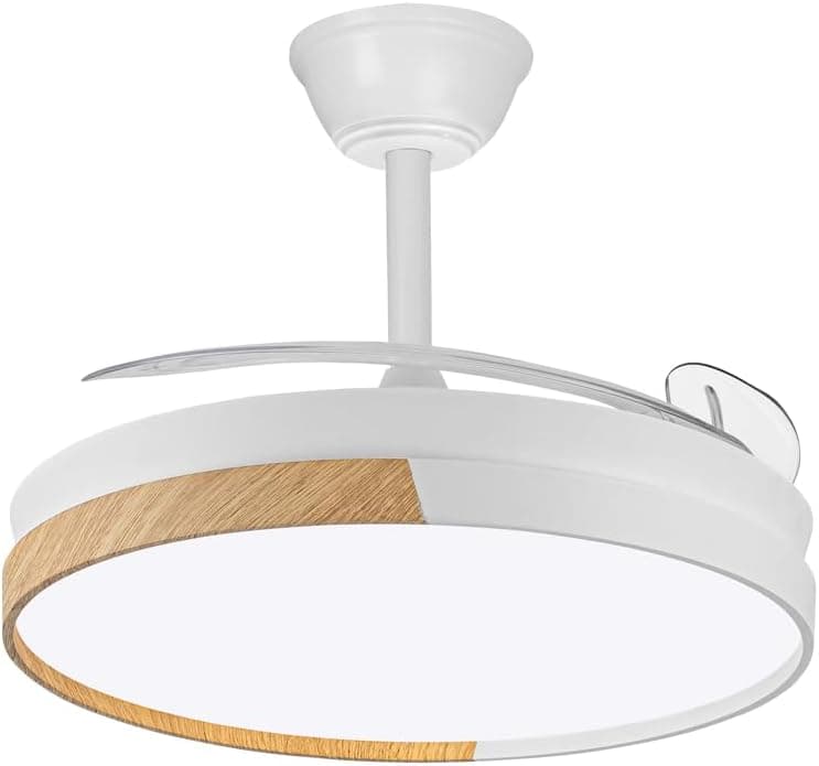 wonderlamp - Ventilador de techo con aspas retráctiles, Ventilador de techo con luz LED Arpino Blanco+Madera CCT 3000-4000-6000K, Intensidad Regulable 45W, Silencioso