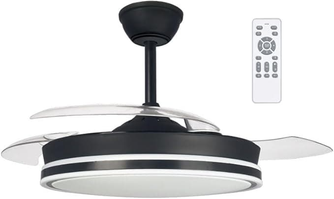 wonderlamp - Ventilador de techo retrláctil con aspas plegables Surpino Negro, Ventilador de techo con luz LED 45W con Memoria de encendido y Mando a distancia CCT Regulable
