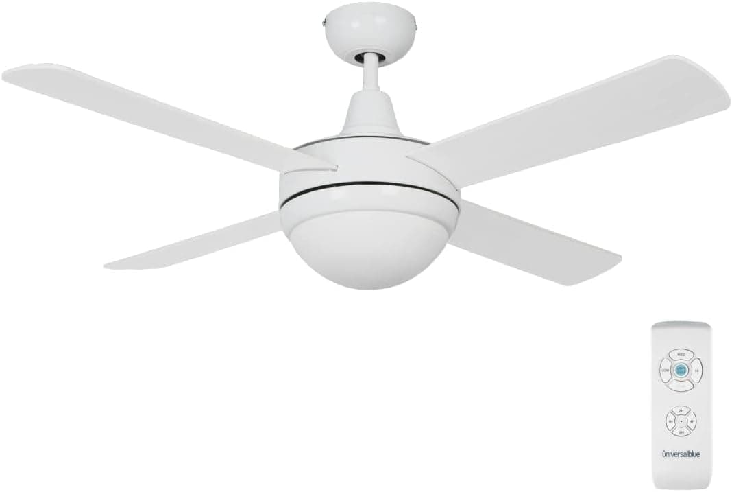 UNIVERSALBLUE Ventilador de Techo Blanco Silencioso con Luz | Ventilador Aspas Reversibles Blanco Madera | Motor Eficiente | Mando a Distancia Control Remoto | Temporizador | Diámetro 106 cm