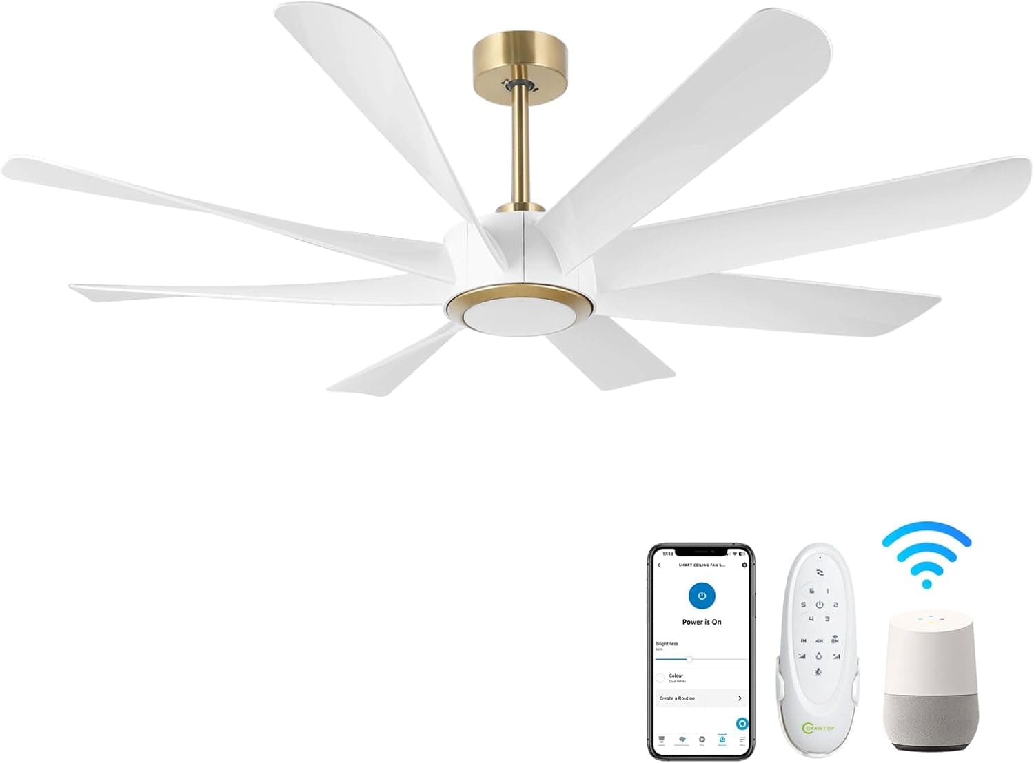 OFANTOP 152 cm Ventilador de techo Smart Modern con luz y mando a distancia para Salón, Comedor y Garaje, Blanco y dorado