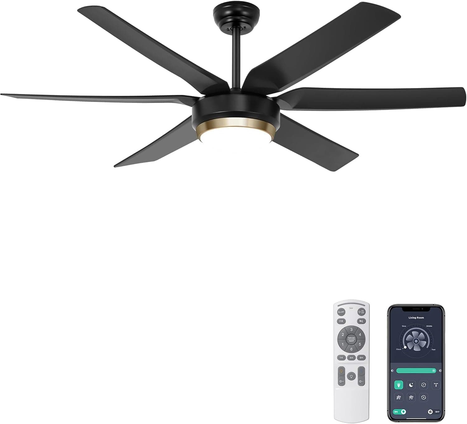 Ohniyou 142 cm Ventilador de techo con luz, ventiladores de techo negro, control remoto/APP, motor DC ajustable, silencioso, ventilador de techo interior/exterior para dormitorio sala de estar patio