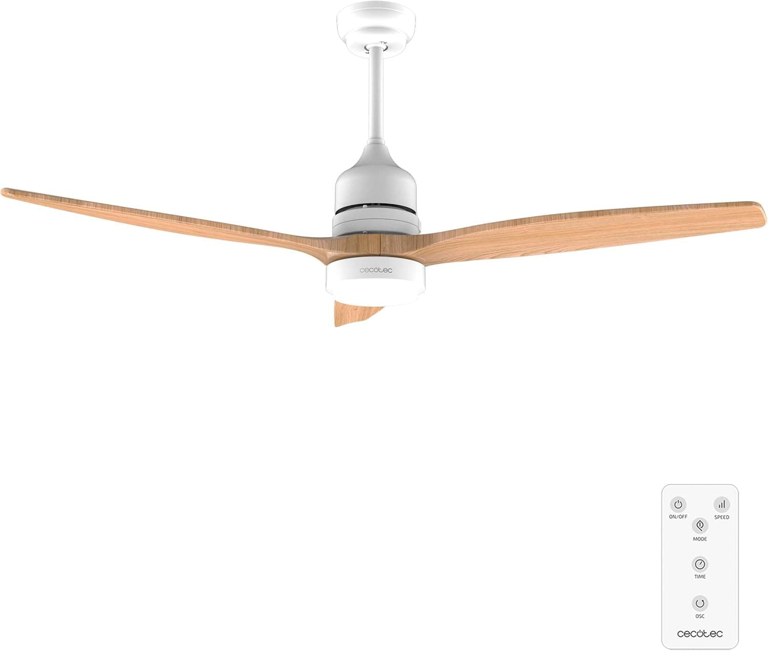 Cecotec Ventilador de Techo con Luz y Mando a Distancia de 52" EnergySilence Aero 5230 WhiteWood. Motor DC 40W, 3 Aspas, Luz LED, Altura Ajustable, Temporizador, 6 Velocidades, Modo Winter/Summer