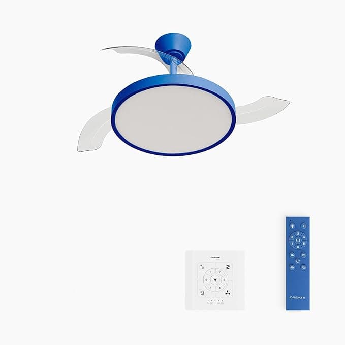 Ventilador de techo CREATE / WIND CLEAR STUDIO S/Ventilador de techo con luz azul cobalto con controlador de pared y mando / 40W, Aspas retráctiles, Ø 91 cm, 3 temperaturas de luz, función verano-invierno
