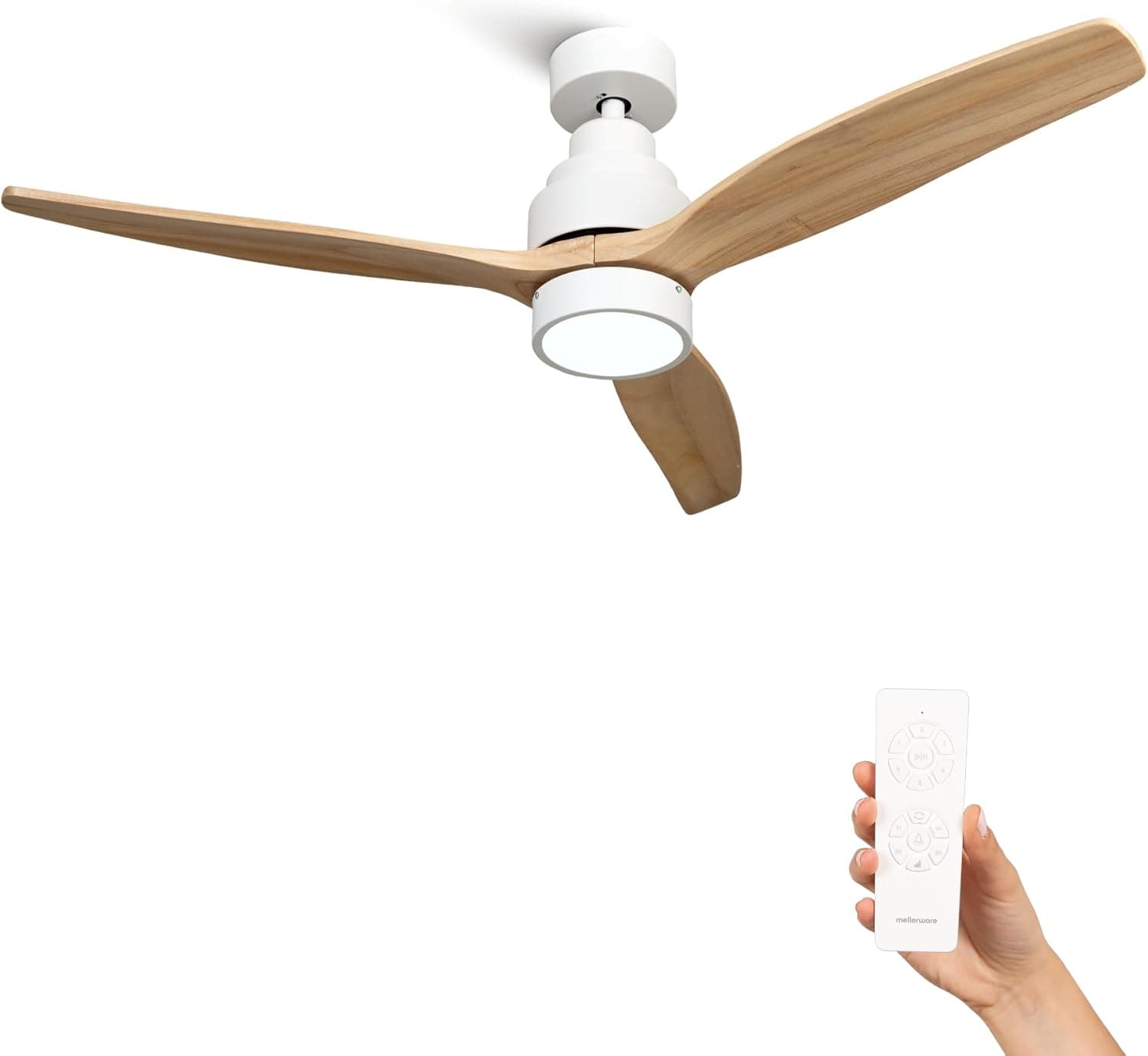 Mellerware - Ventilador de Techo con Mando a Distancia Brizy Bright | 30 W | 6 Velocidades | Ultra silencioso | 3 Aspas 132 de Diámetro | Función Verano-Invierno | Temporizador | LED | Lightwood