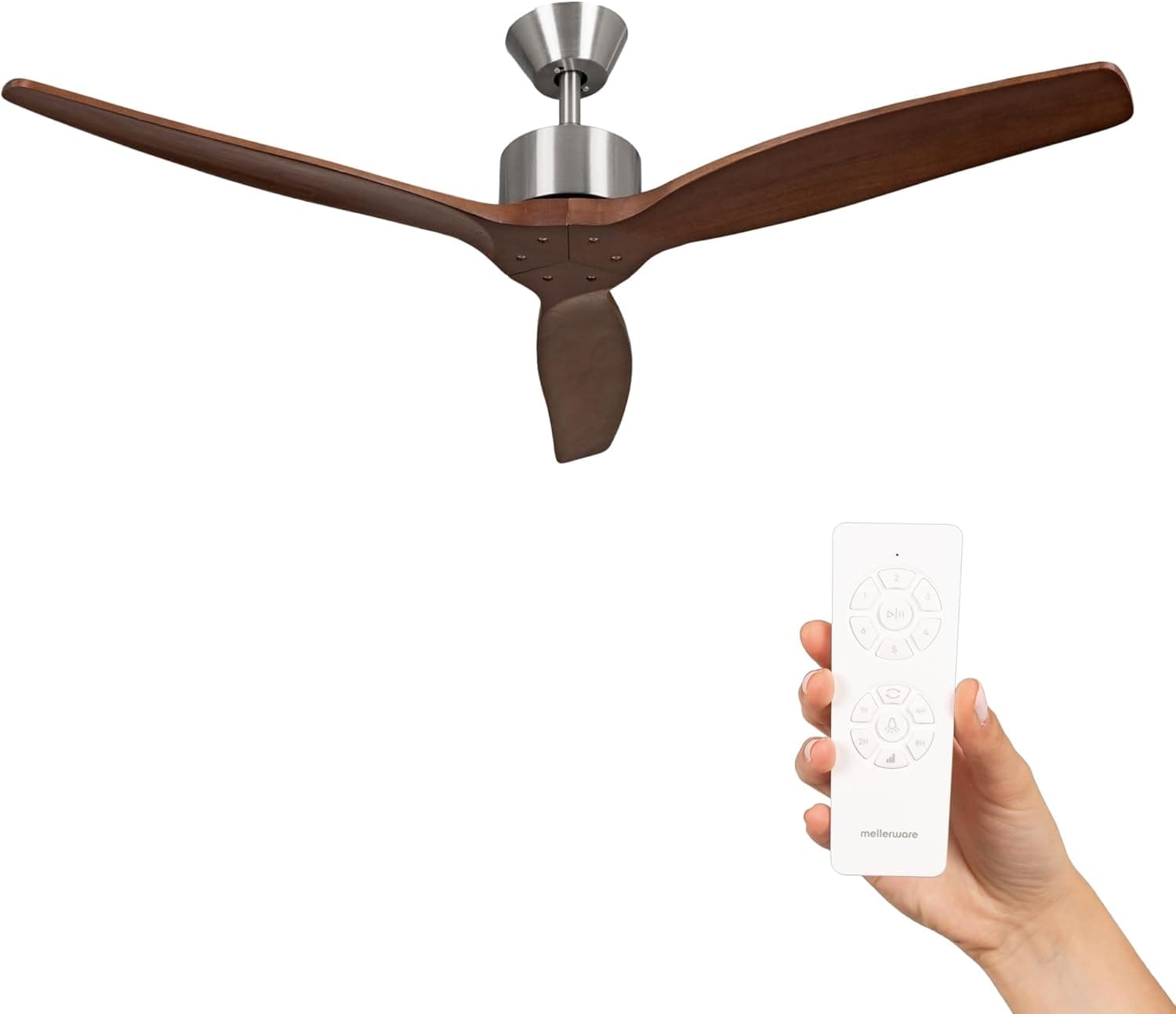 Mellerware - Ventilador de Techo con Mando a Distancia Brizy! | 30 W | 6 Velocidades | Ultra silencioso | Función Verano-Invierno | Temporizador | 3 Aspas | 132 de Diámetro | Motor DC | Dark Wood