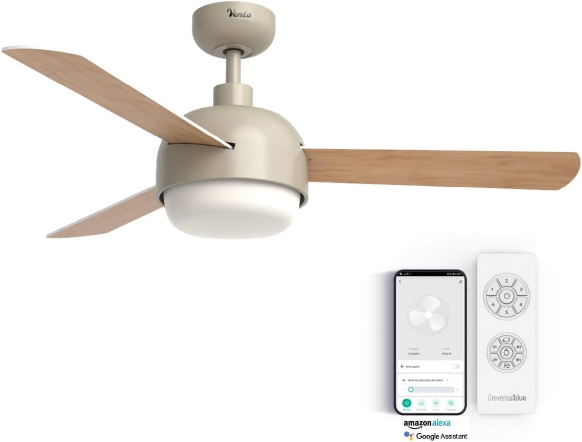 UNIVERSALBLUE Ventilador de techo con luz LED y WiFi | Color crema | Silencioso con Motor DC | Control por App, Alexa, Google Assistant y mando a distancia | 6 Velocidades | Aspas Reversibles