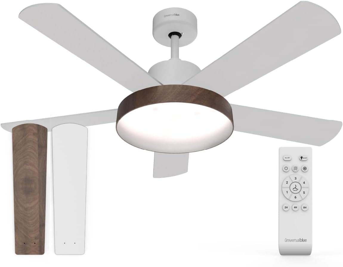 UNIVERSALBLUE Ventilador de Techo con Luz LED Silencioso | Mando a Distancia | 5 Aspas Reversibles | Diámetro 122 cm | Potencia 60 W | Temporizador | Motor DC | 6 Velocidades | Blanco o Madera