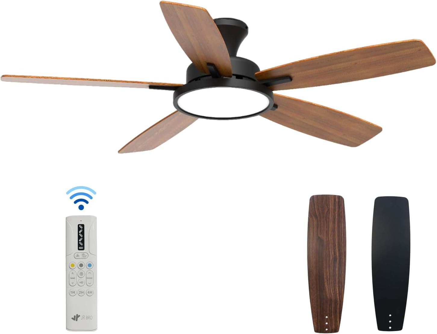 132cm Ventilador de Techo con luz LED, motor DC,tres tipos de color y luz regulable, acabado negro, control remoto para dormitorio, motor silencioso dc, 6 velocidades,sala de estar,oficina