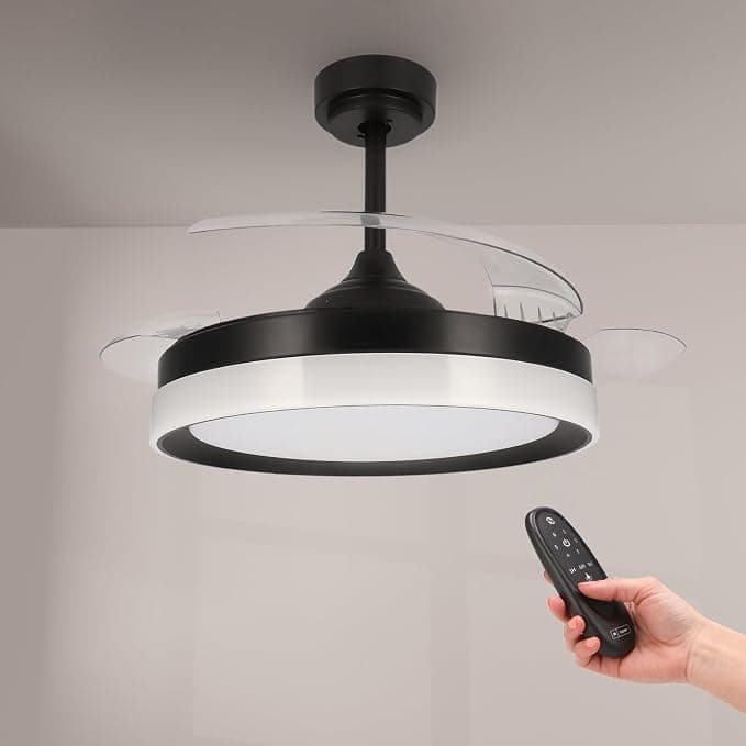 Ventilador de techo M mimotec - Ventilador de Techo Led Black Yeray con luz de 36W y Mando a Distancia, Bajo consumo, motor DC 20W, 6 velocidades, Silencioso ,4 Aspas retráctiles. LM8816