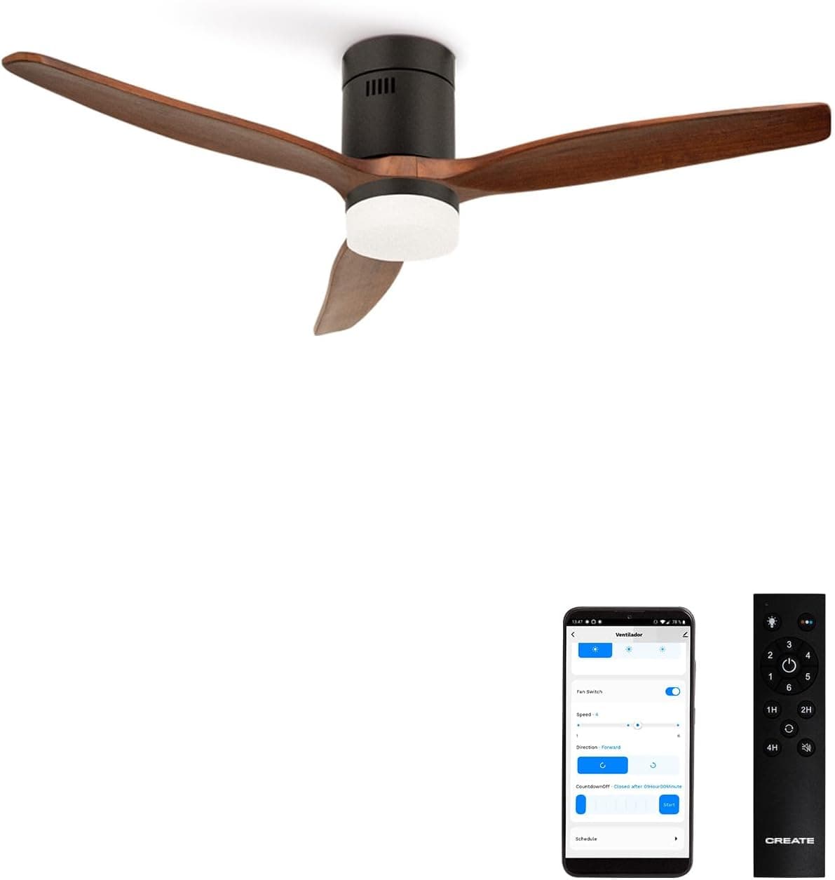 CREATE / WINDCALM/Ventilador de techo ABS con luz negro aspas efecto madera oscura con Wifi y mando / 40W, Silencioso, Ø132 cm, 3 temperaturas de luz, temporizador, función verano-invierno