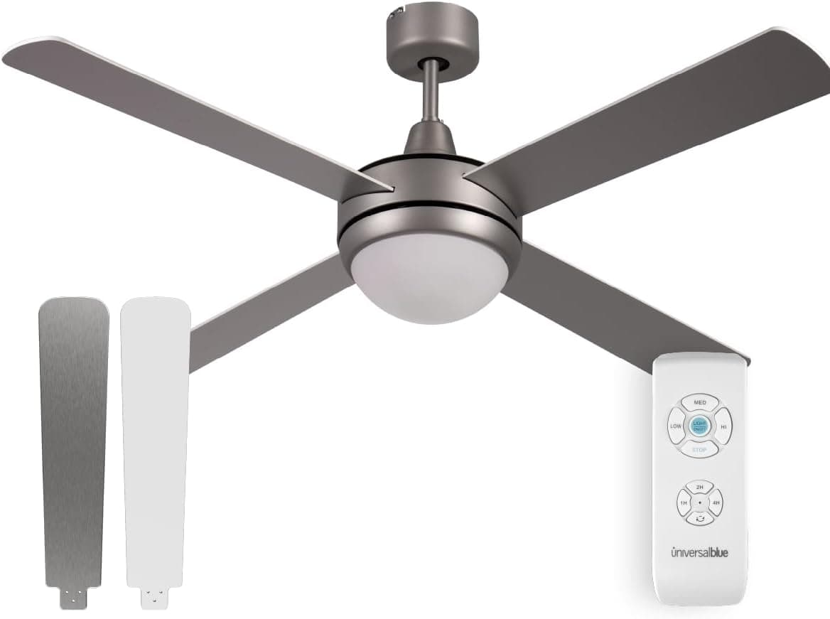 UNIVERSALBLUE Ventilador de techo con luz LED | Aspas reversibles inox y blanco | Ventilador silencioso | Motor AC | Mando a Distancia | Diámetro 132 cm | Temporizador | Hasta 30m2