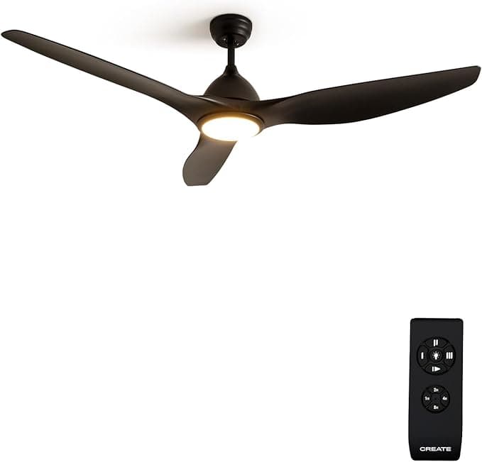 CREATE / WINDSAIL/Ventilador de techo con luz negro y mando/XL, motor AC de cobre, silencioso, temporizador de 1h a 4h, 2 alturas, 3 temperaturas de luz, Ø163 cm, 90W