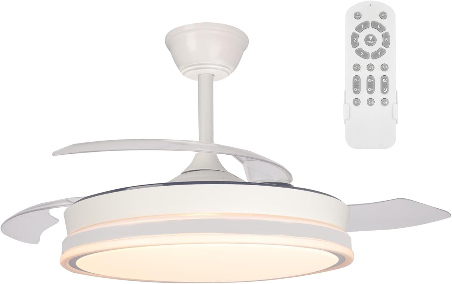 wonderlamp - Ventilador de techo retrláctil con aspas plegables Surpino Blanco, Ventilador de techo con luz LED 45W con Memoria de encendido y Mando a distancia CCT Regulable