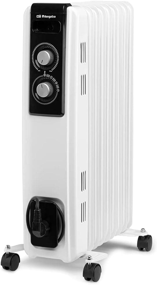 Orbegozo RF 2000, Radiador eléctrico bajo consumo, 2000 W, 3 potencias de calor, 9 elementos, termostato regulable, protección contra sobrecalentamiento, ruedas pivotantes, color blanco