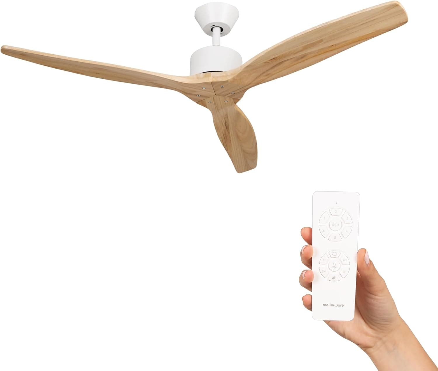 Mellerware - Ventilador de Techo con Mando a Distancia Brizy! | 30 W | 6 Velocidades | Ultra silencioso | Función Verano-Invierno | Temporizador | 3 Aspas | 132 de Diámetro | Motor DC | Light Wood