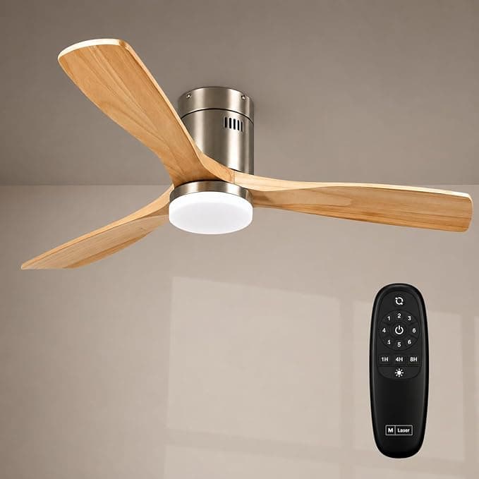 M mimotec - Ventilador de Techo LED Níquel Energy, Motor DC 35W + LED 18W, 6 Velocidades, Silencioso, 3 Aspas de Madera Natural, Ø132 cm, Función Verano/Invierno, Temporizador, con Mando a Distancia.