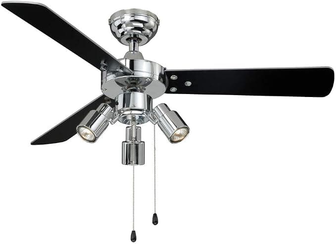 Ventilador de techo Ventilador de techo con luz y cadena Cyrus, 107 cm, carcasa cromada brillante, aspas bidireccionales en negro y plata