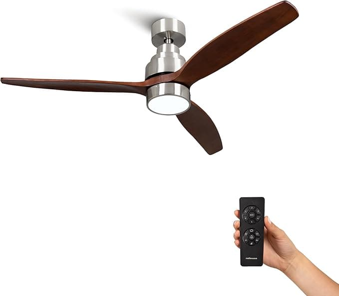 Mellerware - Ventilador de Techo con Mando a Distancia Brizy Bright | 30 W | 6 Velocidades | Ultra silencioso | 3 Aspas 132 de Diámetro | Función Verano-Invierno | Temporizador | LED | Darkwood