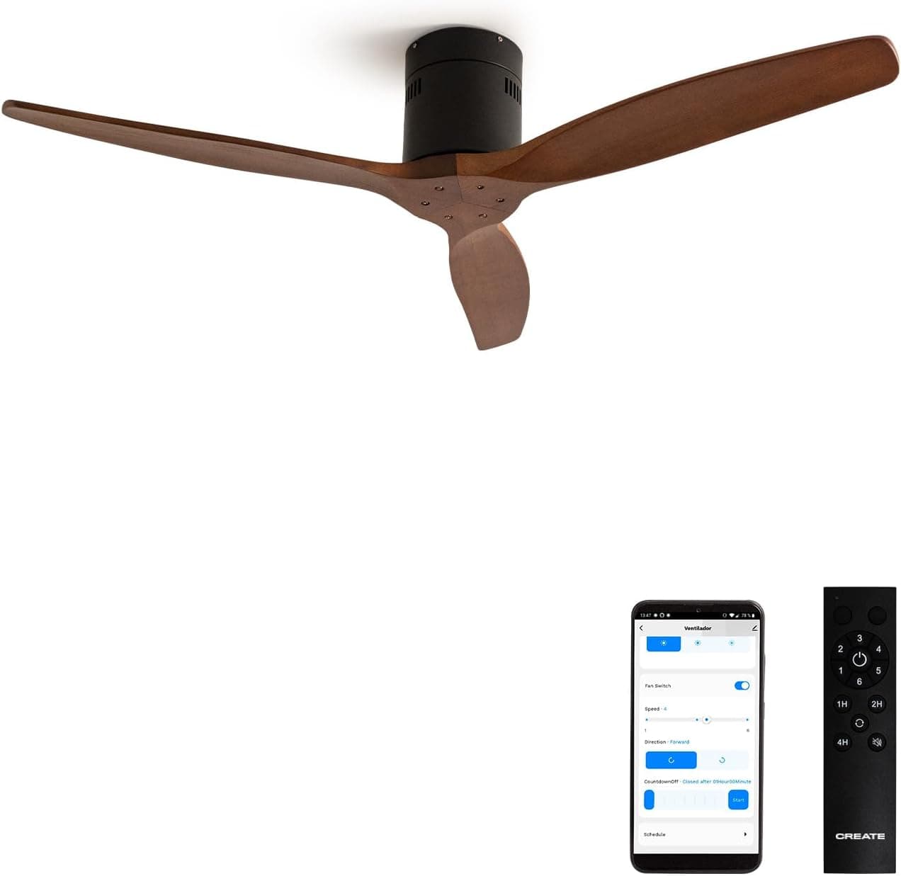 CREATE / WINDCALM/Ventilador de techo ABS negro aspas efecto madera oscura con Wifi y mando / 40W, Silencioso, Ø132 cm, 6 velocidades, temporizador, función verano-invierno