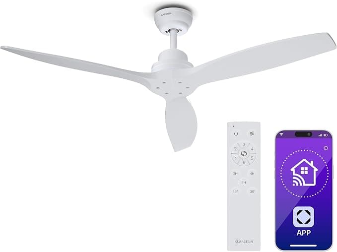 Ventilador de techo KLARSTEIN Ventilador de Techo Santa Elena Smart – 132cm, 6 Velocidades, Mando a Distancia, Control por App, Silencioso 45dB, Verano e Invierno, 10260m³/h, Blanco