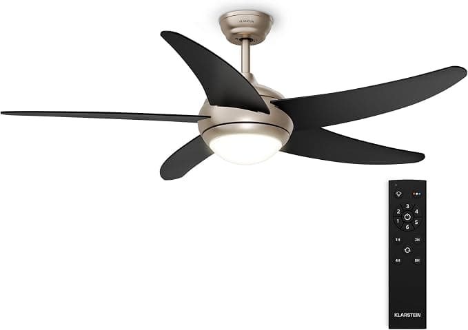 Ventilador de techo KLARSTEIN Bolero Ventilador de Techo con Luz – Silencioso, 6 Velocidades, Mando a Distancia, 5 Aspas, 3 Tonos de Luz, Interior &amp; Exterior, 132cm, Black