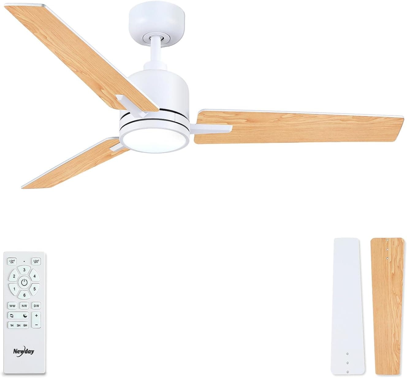 Newday 122cm Ventilador de Techo Madera con Luz y Mando, Reversibles 3 MDF Aspas, Silencioso DC Motor, Lámpara Iluminación Dimmer, 3 Temporizadores para Dormitorio Sala de Estar Cocina Terrazza