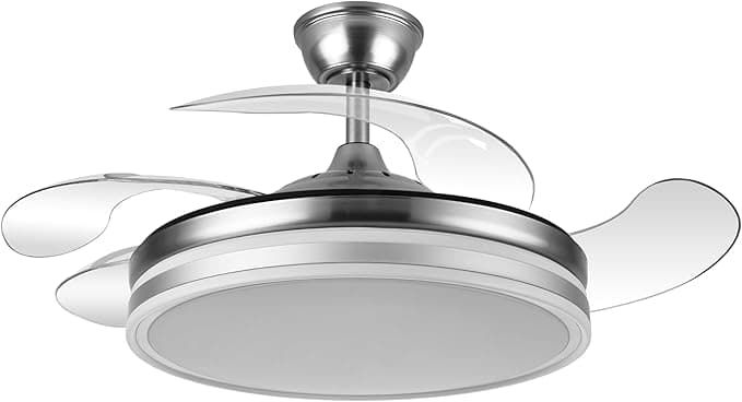 FABRILAMP - Ventilador de Techo con Luz LED 59W | Motor DC Modelo BAYOMO NIQUEL | 4 Aspas Retráctiles | 3 Tonalidades | 6 Velocidades | Control Remoto | Temporizador | Silencioso, Blanco, Mediano