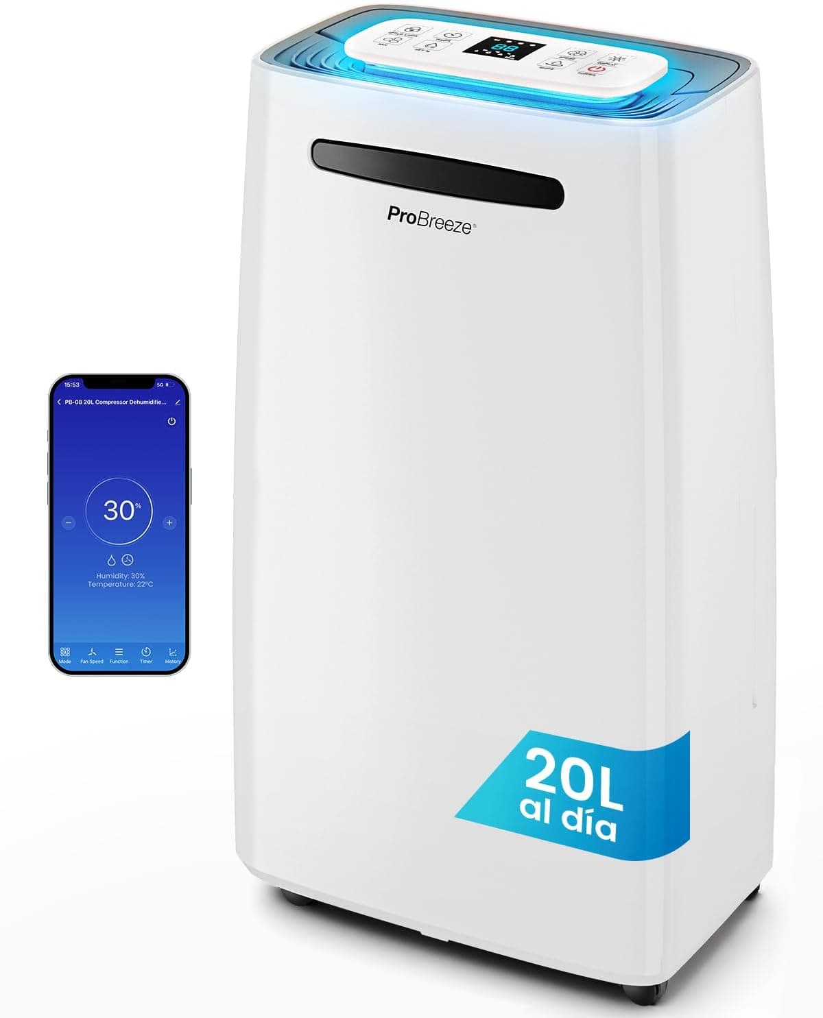 Pro Breeze deshumidificador inteligente 20L/día con Wi-Fi, sensor de humedad, modo ropa y drenaje continuo para condensación y moho en casa