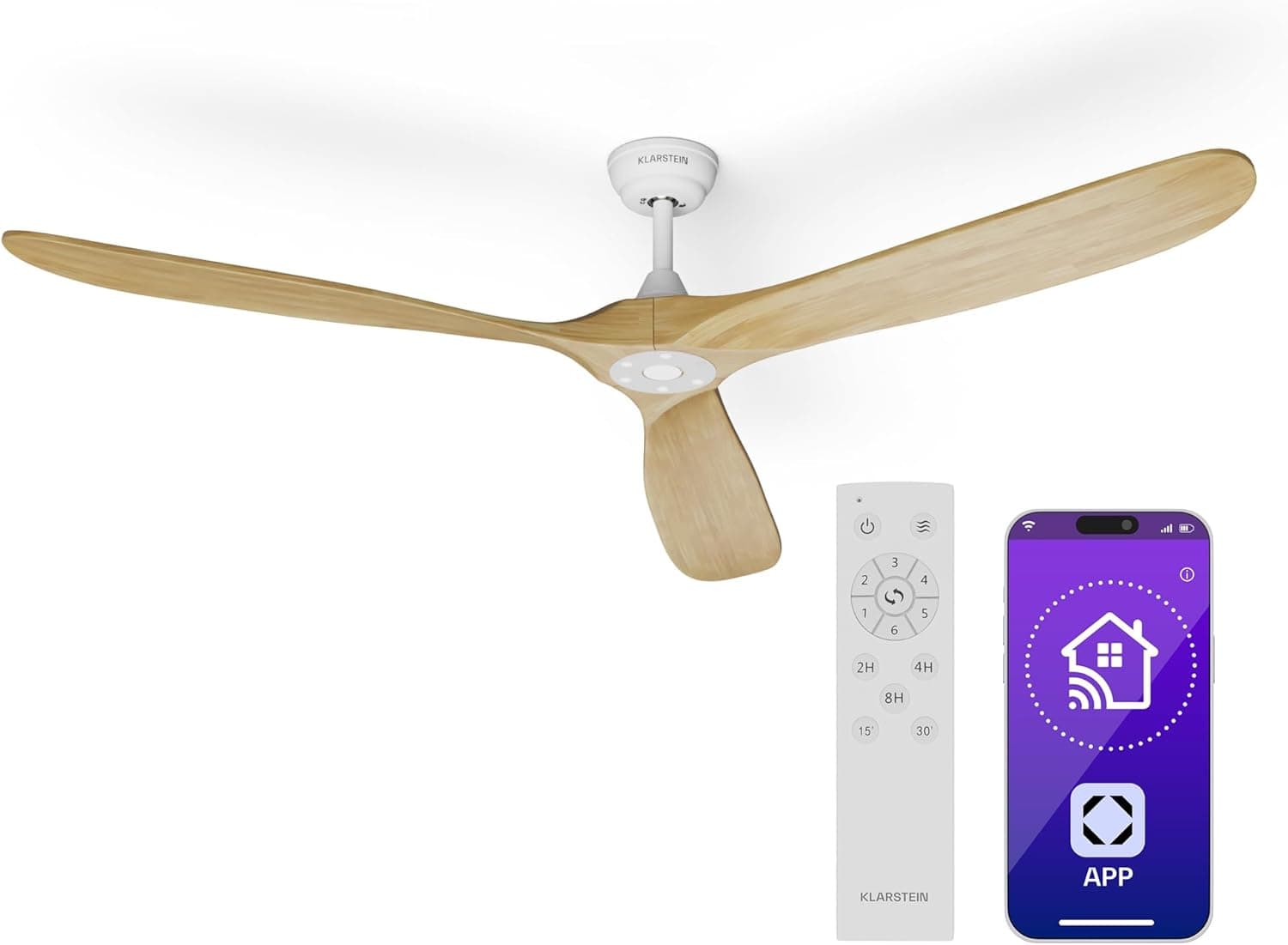 KLARSTEIN Ventilador de Techo Silencioso, 178 cm, Ventilador Techo sin Luz, 6 Velocidades, Control Inteligente por Voz y App, Función Verano/Invierno, Ideal para Habitaciones hasta 35 m² - Arce