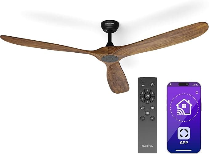 Ventilador de techo KLARSTEIN Ventilador de Techo Silencioso, 178 cm, Ventilador Techo sin Luz, 6 Velocidades, Control Inteligente por Voz y App, Función Verano/Invierno, Ideal para Habitaciones hasta 35 m² - Nogal