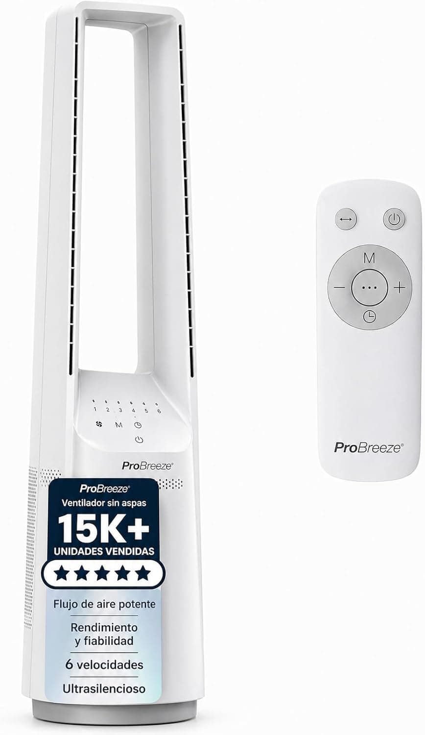 Pro Breeze Ventilador de Torre Silencioso sin Aspas de 101 cm, 4 Velocidades, Mando a Distancia