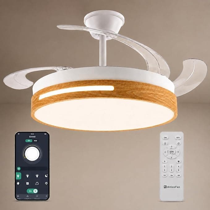 Ventilador de techo M mimotec - Ventilador de Techo Wood Smart con Luz LED CCT e Intensidad Ajustable Ø108 cm, APP y Mando a Distancia, Silencioso, 6 Velocidades, Aspas Plegables, Temporizador y Modo Verano/Invierno