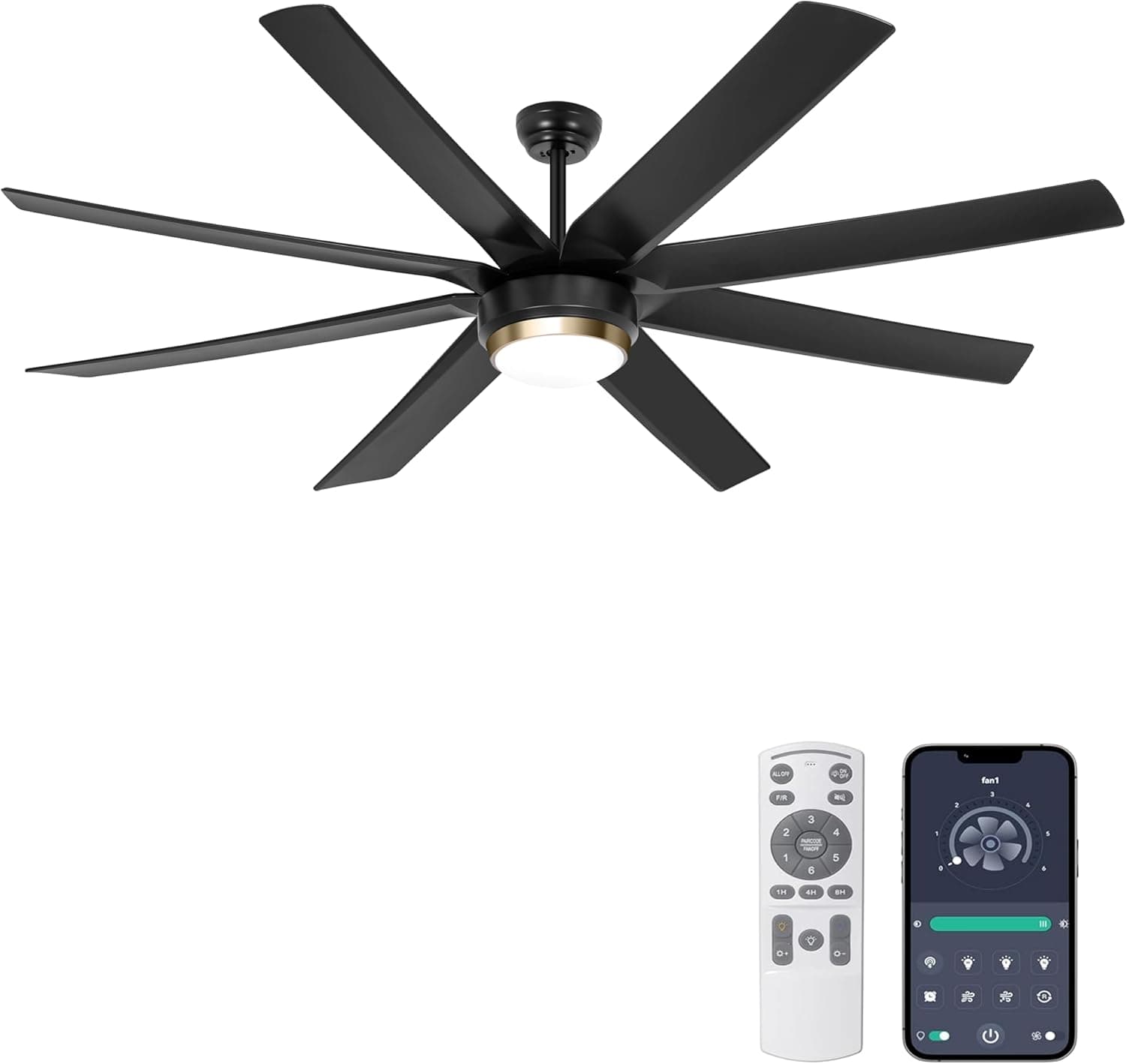Ohniyou Ventilador de techo con luz, ventilador de techo grande de 177 cm(70 pulgadas) para interiores y exteriores con control remoto, motor CC reversible, regulable, negro moderno ventilador techo