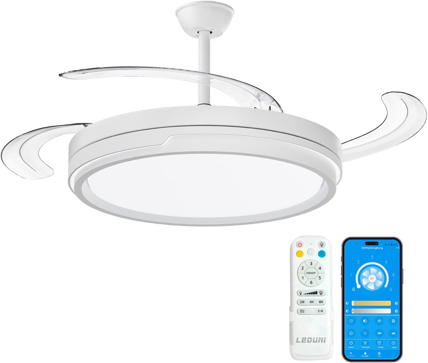 LEDUNI ® Ventilador techo con luz 96W Ventilador Invisible Ultra Silencioso con Mando a Distancia + App y Palas Retráctiles Interiores Plafón lluminación función verano-invierno (Blanco)