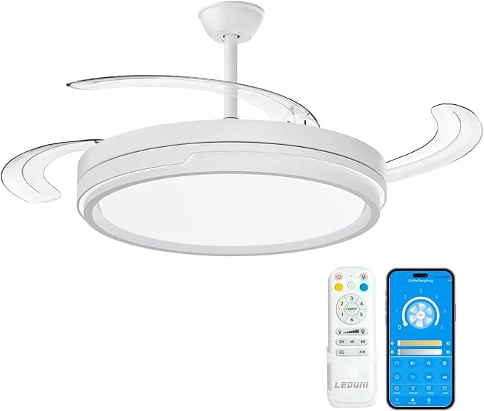 Ventilador de techo LEDUNI ® Ventilador techo con luz 66W+30W MotorDC Ventilador Invisible Ultra Silencioso con Mando a Distancia+App y Aspas Retráctiles Función verano-invierno (Blanco Nielo)