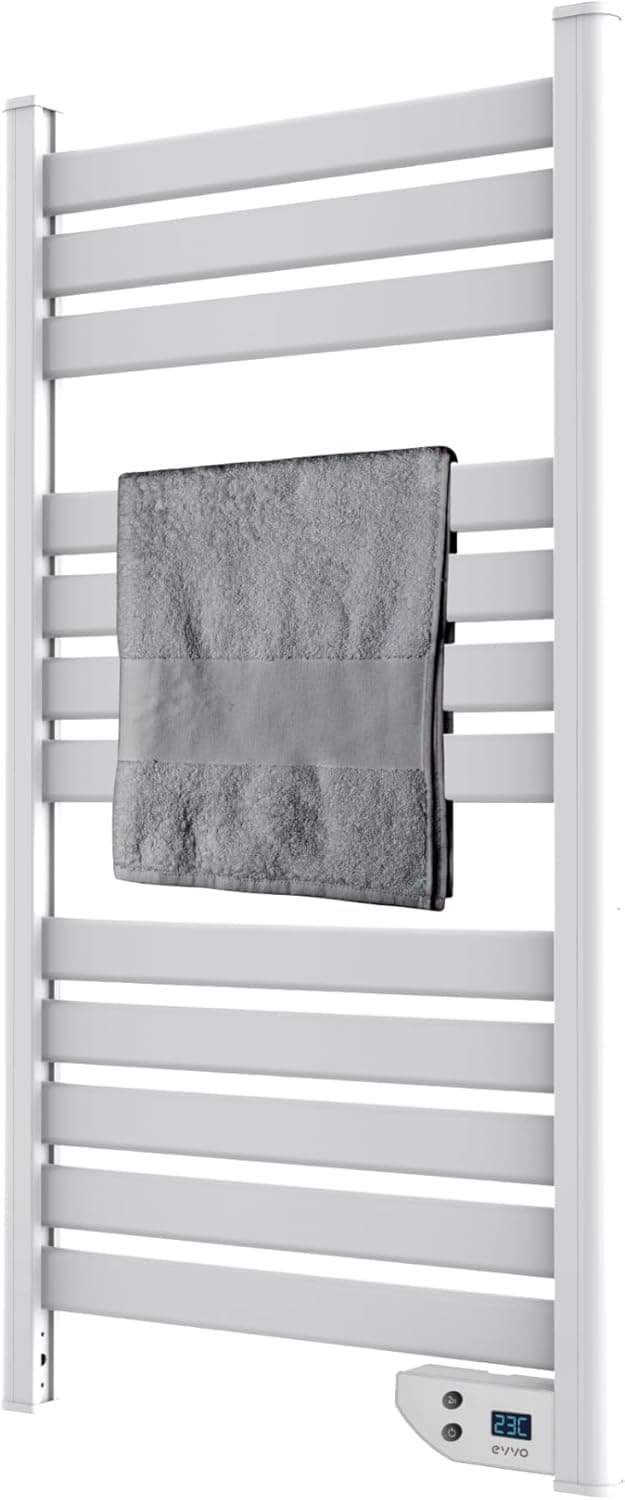 EVVO Toallero Eléctrico C500 Blanco - Radiador Electrico Bajo Consumo 450W, Tendedero Electrico para Baño, Pantalla LED, Temporizador 2h, Seguridad Sobrecalentamiento, IPX4, Incluye Kit
