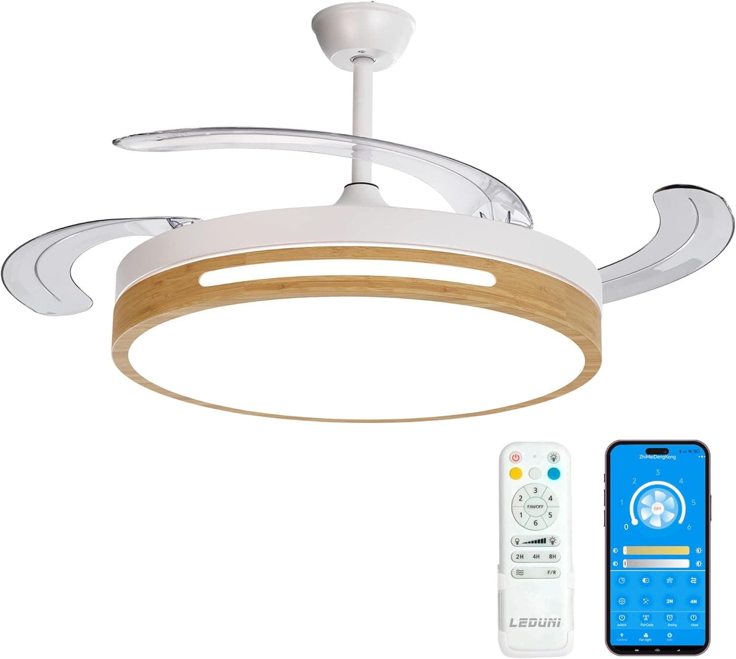 LEDUNI Ventilador de techo con luz con mando 3 aspas, Motor DC 30W+Luz LED,temporizador, 6 velocidades, aspas retráctiles, 3 temperaturas de luz, función verano-invierno Silencioso (Madera, 50CM)