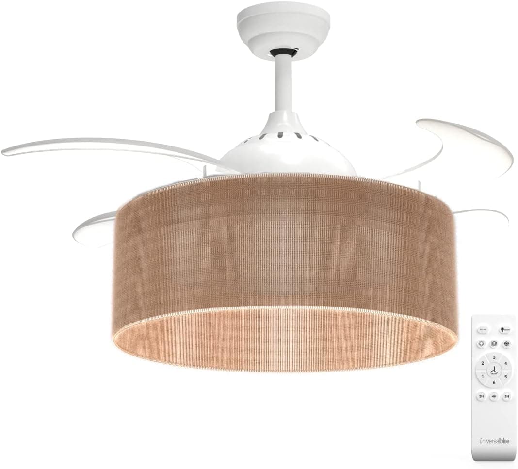 UNIVERSALBLUE | Ventilador de techo con luz y aspas retráctiles | Tulipa de cuerda | Ventilador silencioso con motor DC | 3 Tipos de Luz | 6 Velocidades |