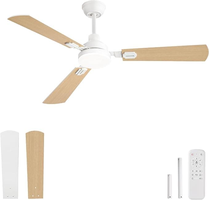 Ventilador de techo Ventilador de techo con luz LED 132 cm, mando a distancia, para interior y exterior,CCT 3000K-6000K,motor DC reversible silencioso,6 velocidades, Temporizador 1H/4H/8H,aspas blancas/madera clara