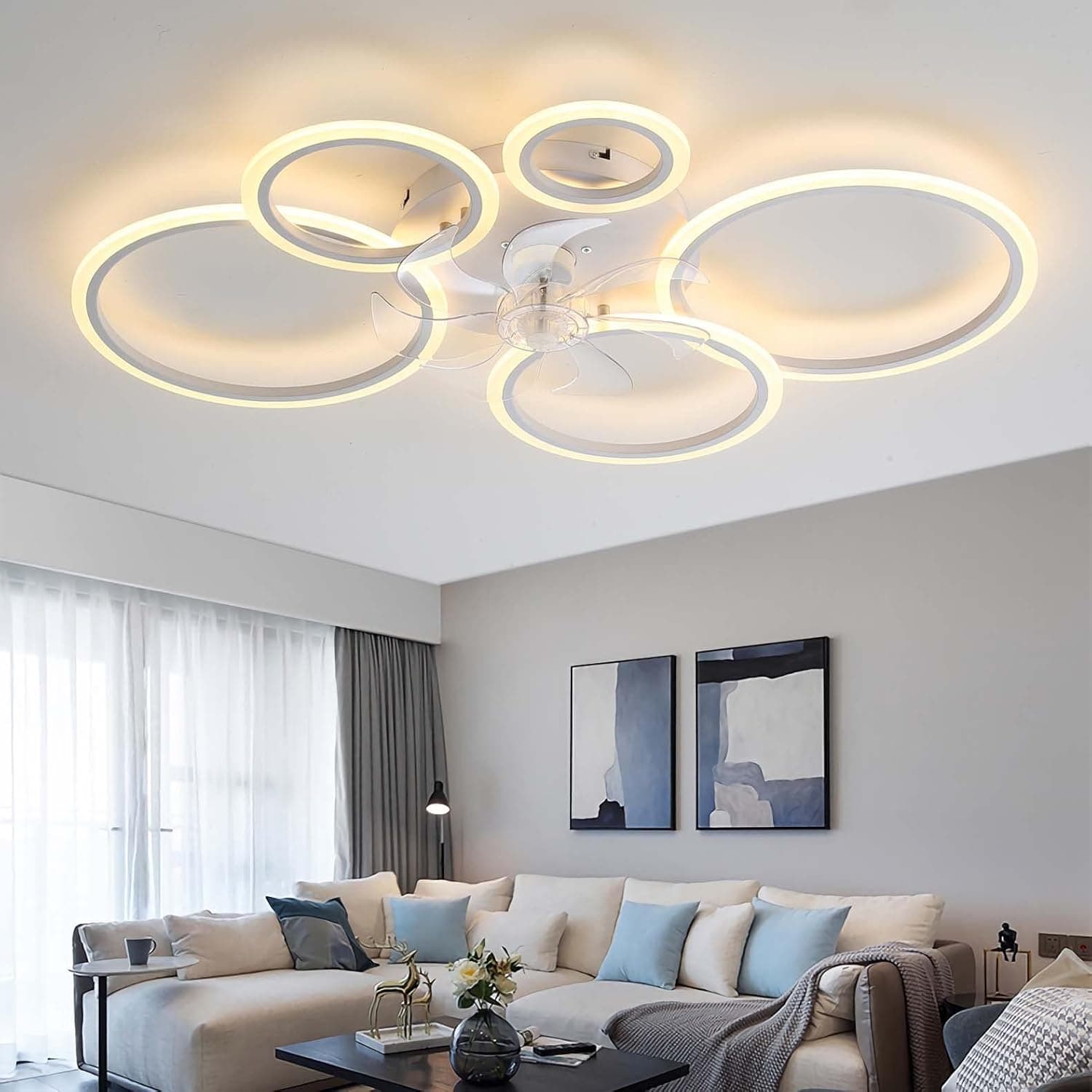 YUNZI Moderno Ventilador de Techo con Iluminación con Mando a Distancia LED 72W Regulable Luz de Techo, Lámpara de Techo para Sala de Estar Dormitorio Cocina, 6 Velocidades, Blanco 100cm