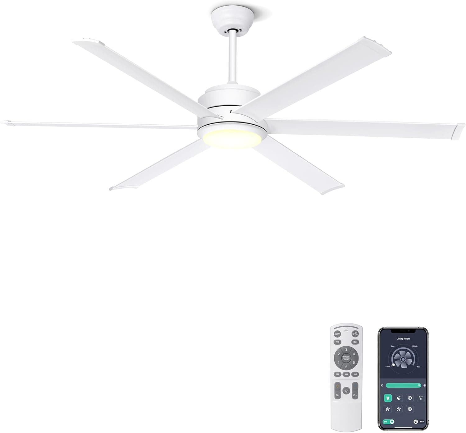 Ohniyou Ventilador de Techo con Luz, Ventilador Techo Industrial de 152 cm, Mando a Distancia y Aplicación, Luz Regulable, Motor DC Silencioso, Ventiladores de Techo para Patio Sala de Estar, Blanco