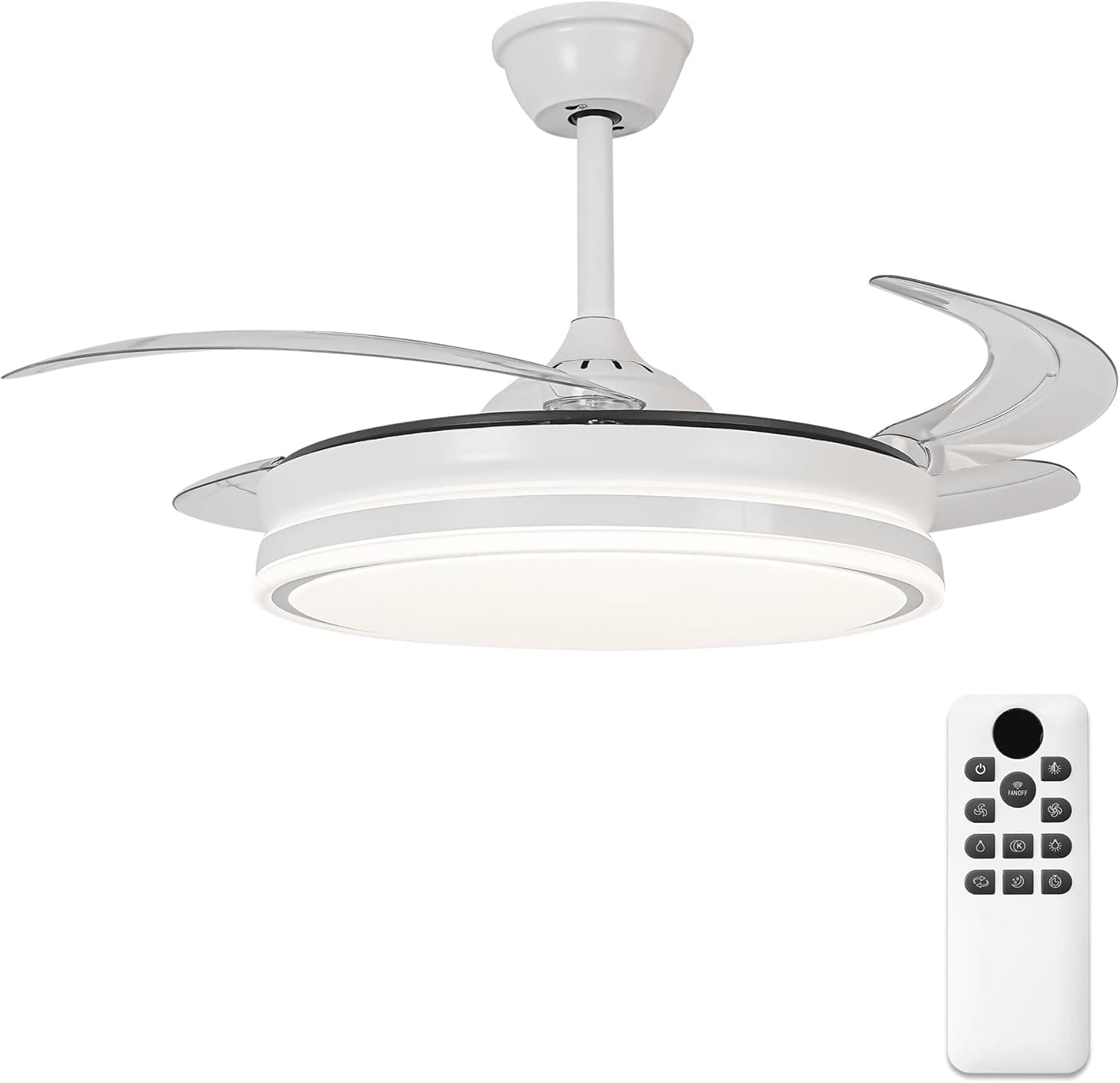 Parrot Uncle Ventilador de Techo con Luz y Aspas Retráctiles, 36W, Motor DC Silencioso, 4 Aspas 106cm, Función Verano e Invierno, 6 Velocidades, Programable, Mando a Distancia, Blanco -Circulo