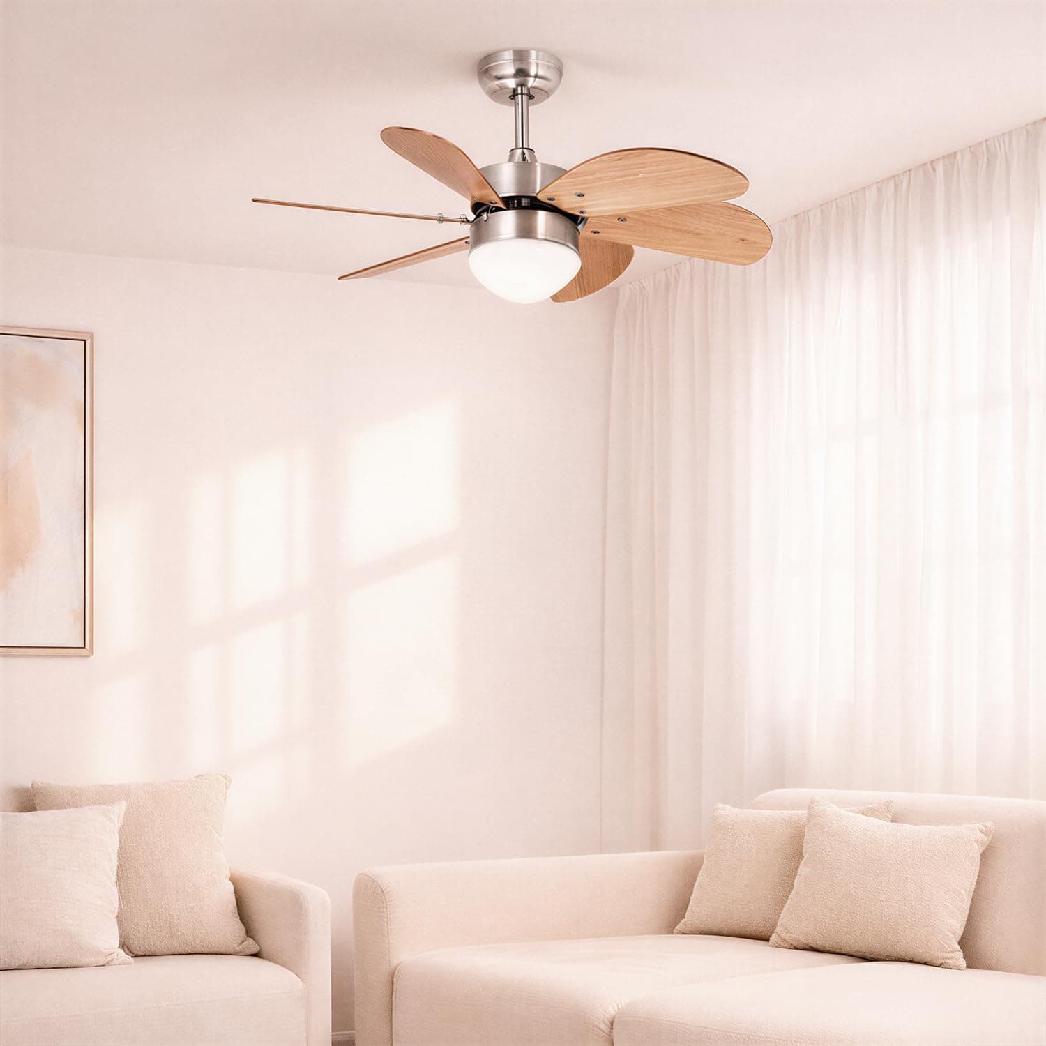 TECHBREY Ventilador de Techo Orion con Plafón LED y Mando a Distancia, 6 Velocidades, Temporizador, Silencioso, Color Madera 81cm Motor DC 6 Aspas Sistema Reverse Air Dual, Modos Verano e Invierno