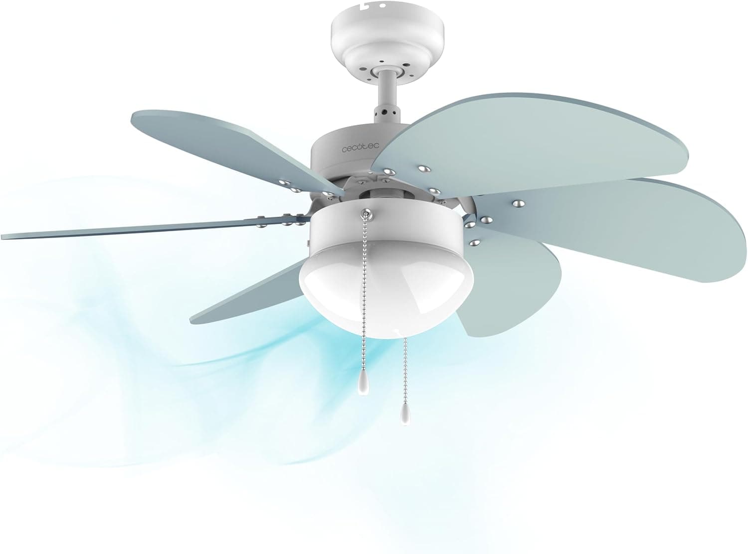 Cecotec Ventilador de techo EnergySilence 3600 Vision Sky. 50 W, Diámetro 92 cm, Lámpara, 3 Velocidades, 6 Aspas reversibles, Función Verano/Invierno, Interruptor de Cadena, Blanco/Azul